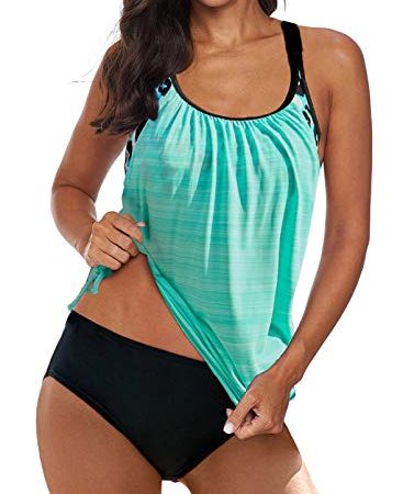 Jusfoouo Tankini Damen Bauchweg Damen Sport Tankini Badeanzug Zweiteiliger Badeanzug mit Hot Pants Hellblau Large