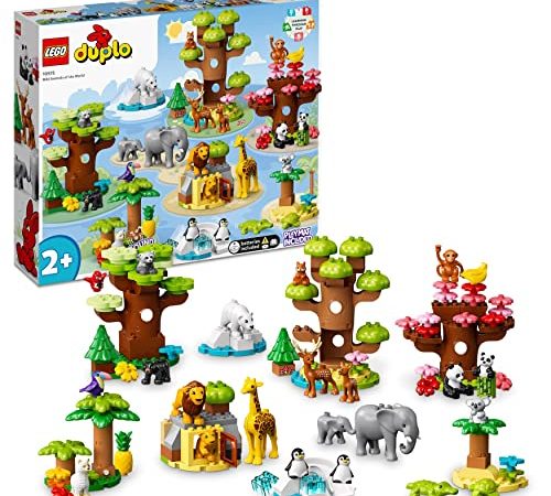 LEGO 10975 DUPLO Wilde Tiere der Welt Zoo Spielzeug mit Sound, mit 22 Tierfiguren und Steine, Lernspielzeug mit Weltkarten-Spielmatte für Jungen und Mädchen ab 2 Jahre