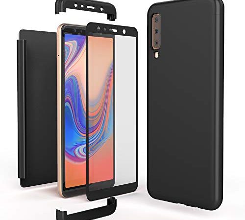 NALIA 360 Grad Handyhülle kompatibel mit Samsung Galaxy A7 2018, Full-Cover & Glas vorne hinten Hülle Doppel-Schutz, Dünn Ganzkörper Case Etui Handy-Tasche, Bumper & Displayschutz, Farbe:Schwarz
