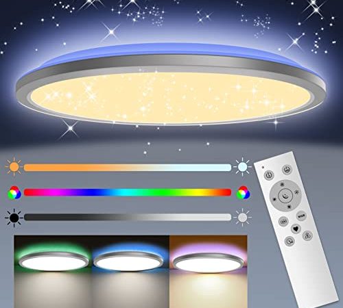 Nigecue 24W LED Sternenhimmel Deckenleuchte Flach mit Fernbedienung, Dimmbare LED Deckenlampe mit einstellbare 3000K-6000K Farbtemperatur RGB-Hintergrundbeleuchtung, IP54 Wasserdicht, 3200LM