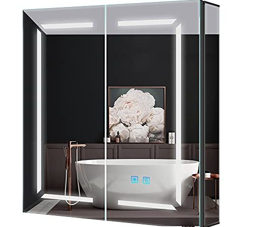 Quavikey LED Spiegelschrank 60x70cm Badezimmer Spiegelschrank mit LED Beleuchtung Aluminium 3-Farben-Licht Rasier Steckdose Antibeschlag Touchchalter Soft-Close-Funktion SK-JC-019BK