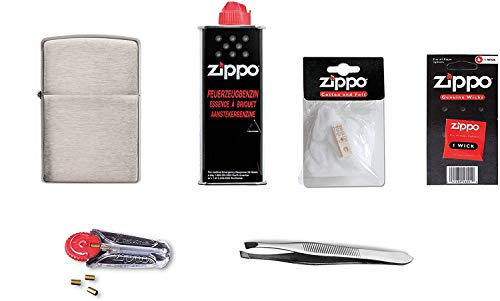 Zippo Erstausstattungs-Set: Zippo Feuerzeug Chrom + Benzin, Feuersteine, Docht, Watte, und Pinzette