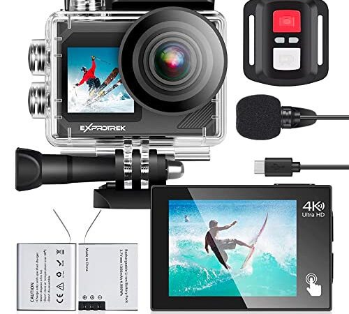 Exprotrek Action Cam,4K 30fps Ultra HD, 30m 100Fuß wasserdichte Unterwasserkamera, WiFi, 70°-170° Ultraweitwinkel, Fernbedienung, 2 Akku und Helmzubehör-Kit