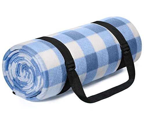 HUTHIM Picknickdecke 200x200cm, Stranddecke Wasserdicht Sandfrei Outdoor Decke Waschbar XXL Picknickdecken, Faltbar Strandmatte mit Tasche & Schultergurt, ideal für Strand Park (Blau-Weiß-Gitter)