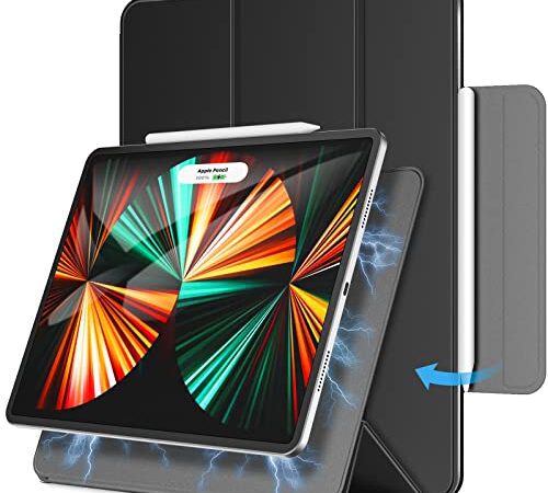 JETech Magnetische Hülle Kompatibel mit iPad Pro 12,9 Zoll 2021/2020/2018 (5./4./3. Generation), Pencil 2. Generation Aufladung, Schutzhülle Auto Wachen/Schlafen (Schwarz)