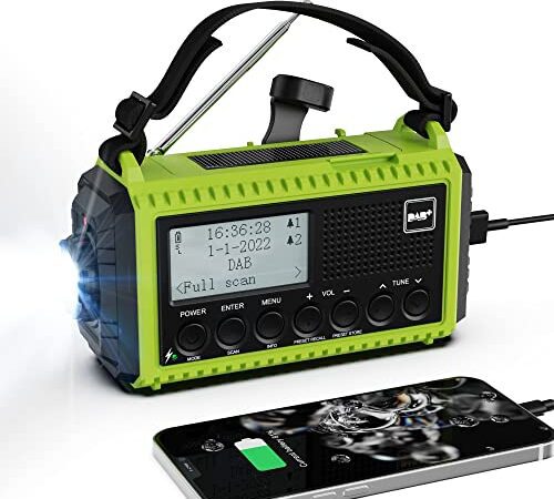 Kurbelradio DAB Tragbare Radio, Kurbelradio mit Handyladefunktion Solar, UKW/DAB Plus Radio,5000mAh Akk Wiederaufladbare,Radio Kurbel Notfall mit LED Taschenlampe & Leseleuchte,SOS-Alarm für Camping
