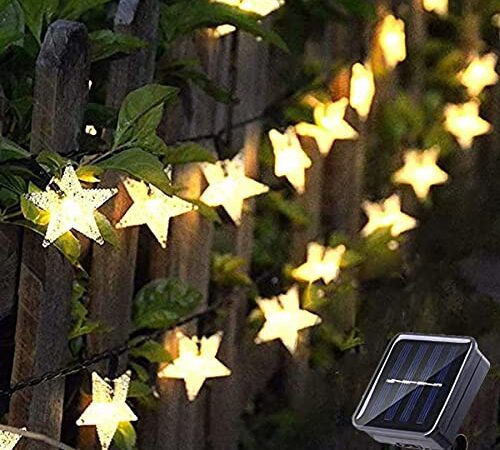 LED Lichterkette Sterne 60LED 8M/26FT Sterne Solar Lichterkette 8 Modi Wasserdicht Außen Innen Weihnachten Lichterketten Außen für Garten, Weihnachten, Party (Warmweiß)