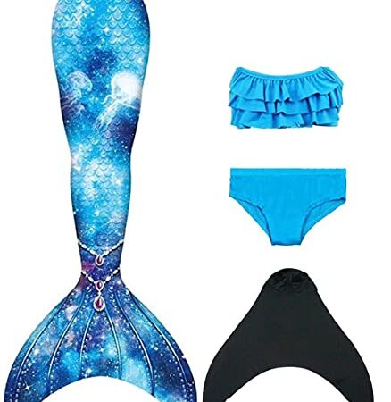 NAITOKE meerjungfrauenflosse mädchen Badeanzug - Meerjungfrau Flosse Bademode mit Bikini Set und Monoflosse Mermaid Tail, 4 Stück Set,AA3AD,140