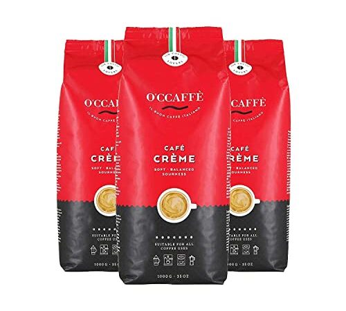 O'CCAFFÈ – Café Crème | 3 x 1 kg ganze Kaffeebohnen | säurearmer, aromatischer Kaffee Crema | extra langsame Trommelröstung aus italienischem Familienbetrieb
