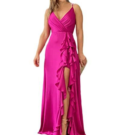 shownicer Damen Abendkleider High Waist Sleeveless Bodenlang Cocktailkleid Abendkleid Lang Einfarbig Elegant Partykleid Ballkleider C Rosa XL