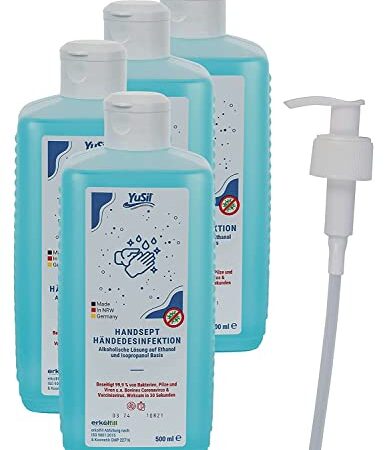 Yusil Desinfektionsmittel für Hände 4 x 500ml I hergestellt in Deutschland | laborgeprüft, begrenzt Viruzid PLUS | beseitigt 99,9% von Bakterien, Pilzen & Viren in 30-120 Sek.
