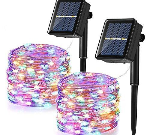 [2 Stück] Solar Lichterkette Aussen, BrizLabs 12M 120 LED Bunt Weihnachten Lichterkette Außen Kupferdraht Solarlichterkette 8 Modi Wasserdicht Innen Sternen für Garten Party Terrasse Hochzeit Deko
