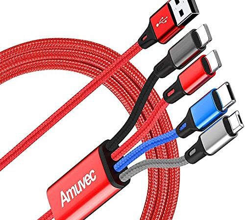 Amuvec Multi USB Kabel 3A, 4 in 1 Nylon Braided Universal Ladekabel mit 2iP Typ C Micro USB Anschlüsse, für Samsung Galaxy S22 S21 S20 S10 S9 S8 A52 J7, Huawei P30 P20, Xiaomi, Sony, PS4, Moto-1.2M