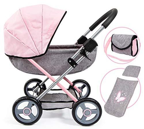 Bayer Design 12733AA Puppenwagen Cosy, zusammenklappbar, inklusive Tasche und Bettdecke, modern, Jeans-grau, rosa mit Schmetterling