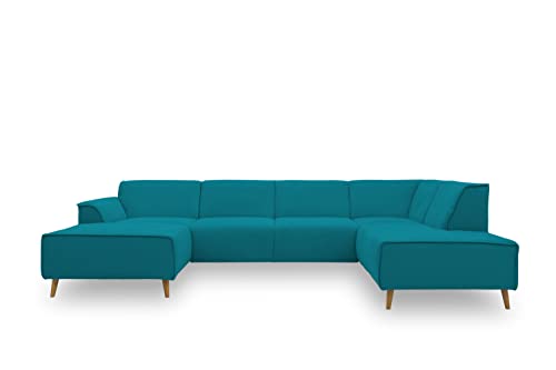 DOMO Collection Jules Wohnlandschaft, Skandinavisches Sofa mit Federkern, Couch in U-Form, türkis, 159x333x191 cm