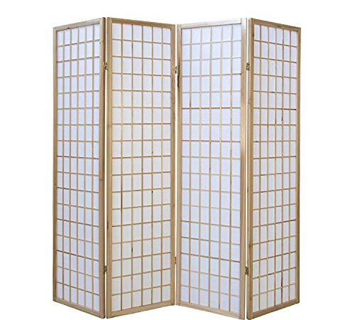 Homestyle4u 75, Paravent Raumteiler 4 teilig, Holz Natur, Reispapier Weiß, Höhe 175 cm
