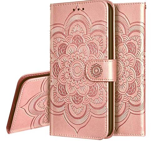 IMEIKONST Huawei Mate 20 Pro Hülle Mandala Embossed Premium Leder Flip Brieftasche Kartenfächern Holder Magnetic Ständer Schutzhülle Handyhülle für Huawei Mate 20 Pro Mandala Rose Gold LD