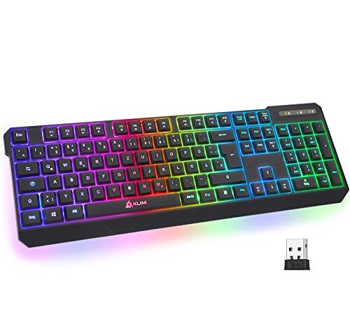 KLIM Chroma Wireless Gaming Tastatur Kabellos QWERTZ DEUTSCH Neue 2022 + Langlebig, Ergonomisch, Wasserdicht, Leise + RGB Kabellose Tastatur Gaming für PC PS4 PS5 Mac + Schwarz