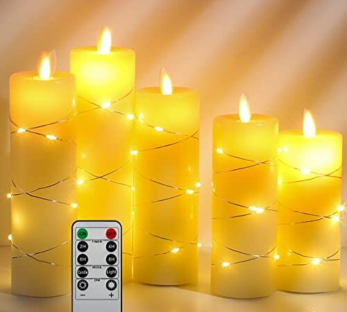 LED Kerzen, mit eingebetteten Lichterketten, Da by 5-LED-Kerzen, mit 10-Tasten-Fernbedienung, 24-Stunden-Timer-Funktion, tanzender Flamme, echtem Wachs, batteriebetrieben.