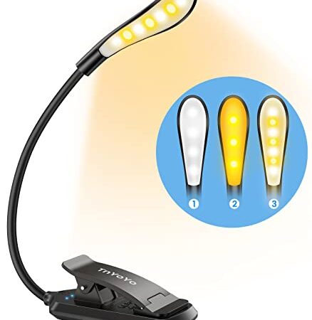 Leselampe Buch Klemme, TnYoYo Klemmlampe mit 7 LEDs, Stufenlose Helligkeit Augenschutz Buchlampe, 3 Farbtemperatur Modi, USB Wiederaufladbare Klemmleuchte, 360 ° Flexibel Leselicht für Nachtlektüre