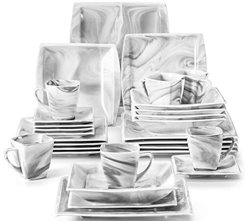 MALACASA, Serie Blance, 30 tlg. Marmor Porzellan Tafelservice Kombiservice Geschirrset mit je 6 Kaffeetassen, 6 Untertassen, 6 Dessertteller, 6 Suppenteller und 6 Flachteller