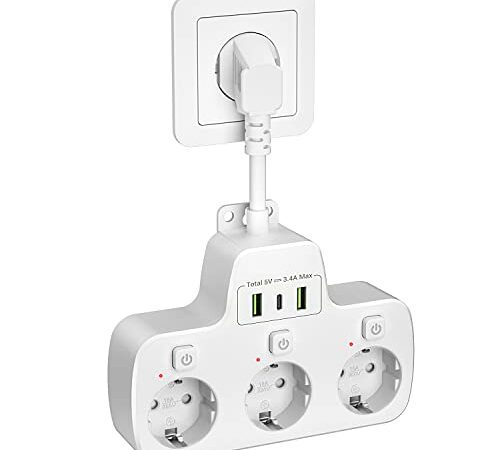 Steckdosenleiste 3-fach Einzeln Schaltbar, Mehrfachsteckdose Wandmontage mit USB C Steckdosenadapter,Steckerleiste mit Schalter Verteilersteckdose Kindersicherung Steckdosen 0.1m Kabel Weiß