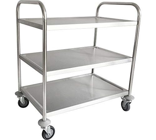 STIER Edelstahl-Servierwagen, 4 Lenkrollen, 810x460x900 mm, Tragfähigkeit bis 150 kg, Edelstahl, 3 Böden, Küchenwagen, Servicewagen besonders robust und hochwertig