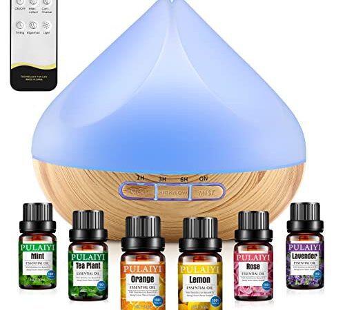 500ML Aroma Diffuser, Diffuser mit 6x10ml Diffuser Ätherische Öle Set, 14-Farben-LED, Fernbedienung mit Timer-Einstellung, Auto-Off, Luftbefeuchter für Yoga, Büro, SPA, Schlafzimmer