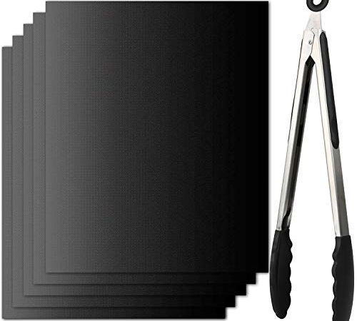 BIFY BBQ Grillmatte 5er Set 40x33CM+Grillzange wiederverwendbar und Leicht zu Reinigen,100% Antihaft FDA Zugelassen PFOA Frei fürBackmatte für Holzkohle & Backen,grillmatte für gasgrill