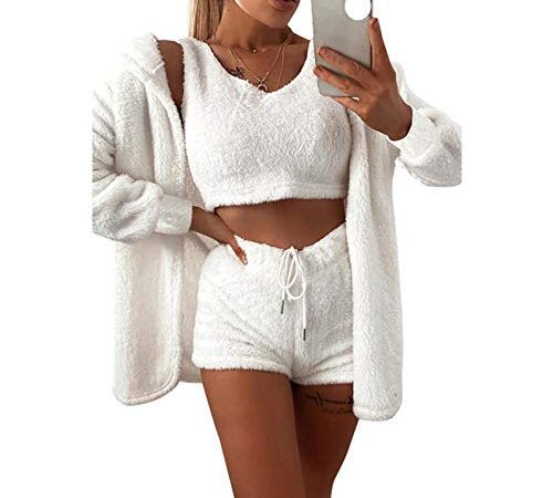 Damen Schlafanzug Pyjama,3Pcs Plüsch Pjs Mantel Tank Top Shorts Schnürung Kurze Cardigan Lose Mantel Plüsch Weiß Sleepwear Set Weiche Loungewear Nachtwäsche Für Damen Jogging Homewear Outfits