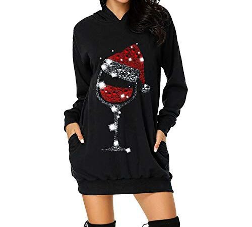Damen Weihnachtspullover Winter Hoodie Kapuzenpullover Weihnachten Sweatshirt Kleider mit Taschen Langarm Weihnachtskleid 3D Weihnachten Druck Pulli Kleid Casual Lang Sweatshirtkleid (Black, XXXL)