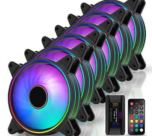 EZDIY-FAB Moonlight RGB Gehäuselüfter 120mm mit Lüfter Hub X und Fernbedienung, Motherboard Aura Sync, Geschwindigkeitsregelung, ARGB Computer lüfter für PC Gehäuse -6 Pack
