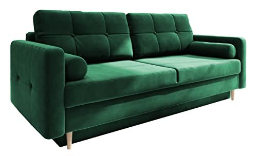 Fabryka Mebli Idźczak Schlafsofa Sofa Pastella Couch Ausklappbares Schlaffunktion Bettkasten - Kissen Bettzeugbehälter Hilfsautomat Wohnzimmer, Gästezimmer Modern Design (Kronos 19 Grün)