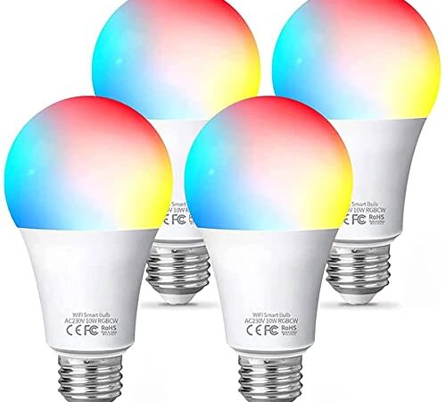 Fitop Alexa Glühbirne Smart Lampe E27, WLAN Lampe LED Kompatibel mit Alexa/Google Home, 9W, Dimmbar Warmweiß-Kaltweiß und Mehrfarbige Birne, Kontrolle durch APP, Kein Hub Benötigt, 4 Stück