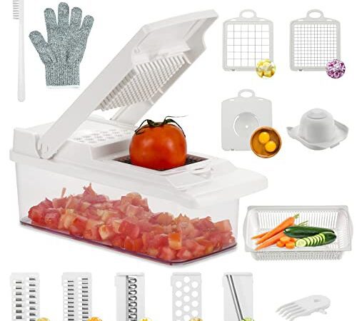 Gemüseschneider, IDIQIB Gemüsehobel mit Edelstahl Klingen 15 in 1 Multifunktion Mandoline Gemüsehobel Zwiebelschneider und Obstschneider für Hobeln von Obst und Gemüse, Karotte, Kartoffel, Tomate.