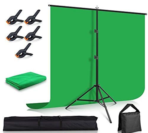 Greenscreen Hintergrund mit Ständer 1.5 x 2 m/5x6.5 ft, Foccalli Fotografie Hintergrund Ständer mit Chromakey Musselin-Hintergrund, 5 Backdrop-Clips und Sandsack für Streaming-Gaming-Fotoshooting