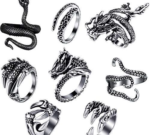 HICARER 8 Stück Vintage Punk Ringe Drachen Schlange Tintenfisch Verstellbarer Ring