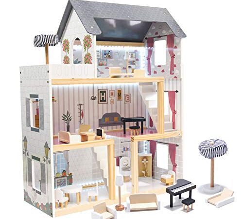 ikonka, Puppenhaus aus Holz mit LED-Beleuchtung, 3 Etagen, 4 Zimmer und Terrasse, B62 x H78 x T27cm, mit Miniaturmöbeln vollständig möbliert und dekoriert