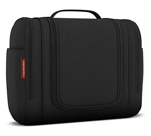Kulturbeutel [Design 2022] Kulturtasche zum Aufhängen für Damen, Herren & Kinder, Große Kosmetiktasche 7 Liter Stauraum, Waschtasche für Männer & Frauen, Waschbeutel in Premium-Qualität (Schwarz)