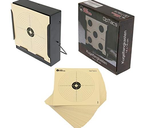 OpTacs - Kugelfang Scheibenkasten 14x14 cm Flach aus Metall inkl. 50 Zielscheiben für Luftgewehr Zielscheibe