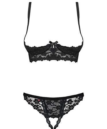 Selente Love & Fun verführerisches 3-teiliges Damen Unterwäsche-Set aus BH, Slip & exklusiver Satin-Augenbinde, Made in EU (L-XL, Schwarz-Ouvert)