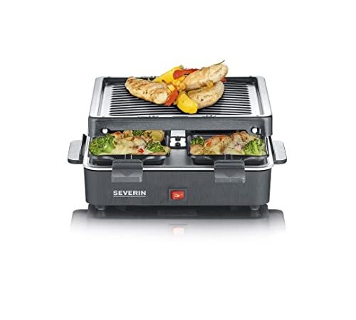 SEVERIN Mini Raclette-Grill, kleines Raclette mit antihaftbeschichteter Grillplatte und 4 Raclette Pfännchen, Tischgrill für bis zu 4 Personen, 600 W Leistung, schwarz, RG 2370