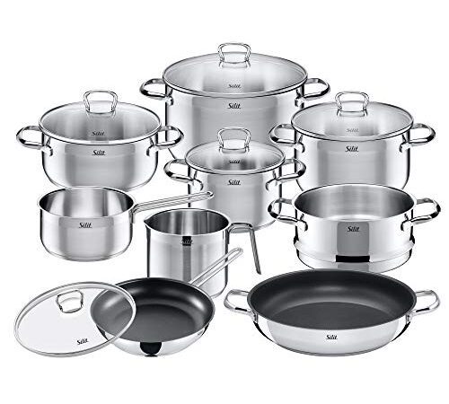 Silit Toskana Topfset Induktion, Kochtopf Set mit Glasdeckel, Milchtopf, Dämpfer, Pfanne, Edelstahl teilmattiert, Töpfe Set unbeschichtet, Silber, 10-teilig (mit Pfannen & Glasdeckel)