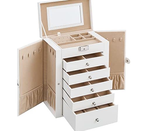 SONGMICS Schmuckkasten, große Schmuckschatulle mit 6 Ebenen, Schmuckkästchen mit seitlichen Klapptüren, Schubladen, Spiegel und Verschluss, für Ringe, Ohrringe, Weihnachten, weiß JBC152W01