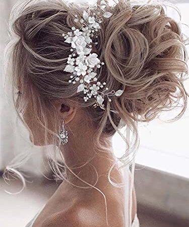 Vakkery Blume Braut Hochzeit Haar Rebe Perle Haarschmuck Braut Stirnband Kopfschmuck für Frauen und Mädchen (Silber)