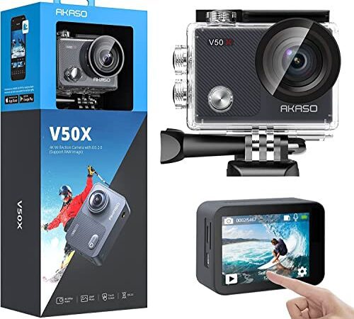 AKASO Action Cam 4K30FPS Unterwasserkamera WiFi 40M EIS Anti-Shake Action Kamera 4X Zoom mit Touchscreen, Fernbedienung, Sportkamera Wasserdicht Gehäuse,Helmzubehör-Kit V50X