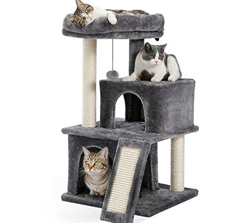 Amazon Brand – Eono Katzenbaum Kratzbaum Kratzbäume Katzenmöbel mit Sisal-Seil Plüsch Liege höhlen Spielhaus Spielzeug für Katzen Grau