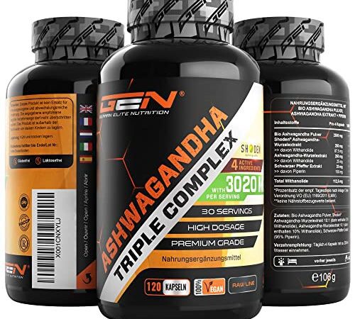 Ashwagandha Triple Extrakt Komplex - Premium: Ultra hochdosiert mit 3020 mg - Shoden® Ashwagandha-Wurzelextrakt (35% Withanolide) + Bio Ashwagandha Pulver + Piperin - 120 Kapseln - Vegan