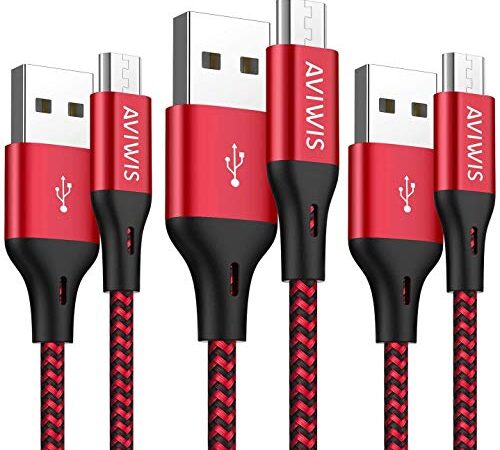 AVIWIS Micro USB Kabel, [3Stück 2M] Nylon Micro USB Ladekabel Schnellladekabel High Speed Android Handy Ladekabel Datenkabel für Samsung Galaxy S7/ S6/J7, Huawei P Smart, Redmi, Nokia, Kindle - Rot