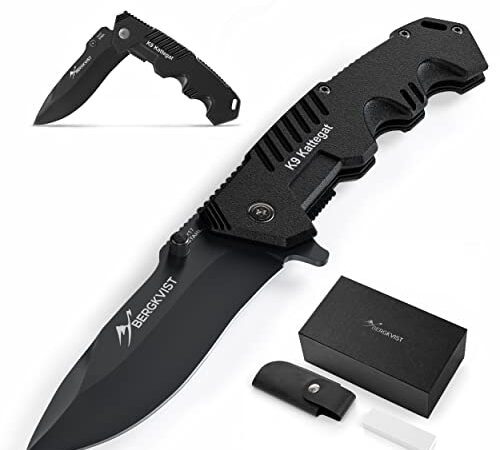 BERGKVIST® K9 Klappmesser (Einhandmesser) - scharfes Taschenmesser für Outdoor & Survival mit schwarzer Edelstahlklinge, Schleifstein & Gürteltasche
